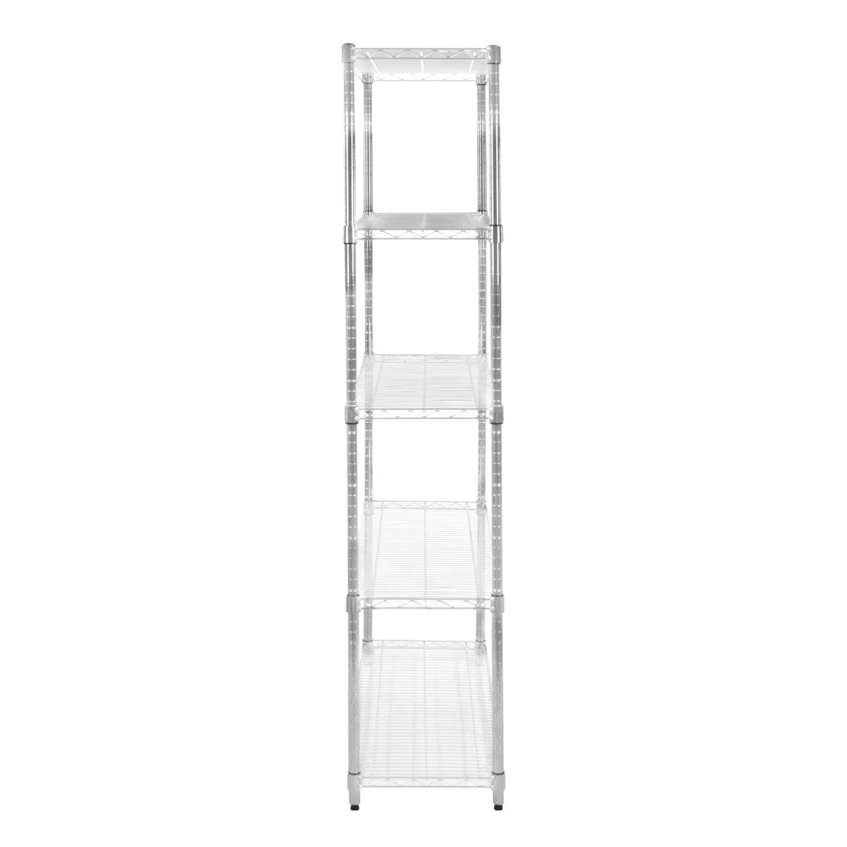 Sturdy metal wire racking unit in chrome finish, featuring four spacious shelves, ideal for storage and organization in various settings