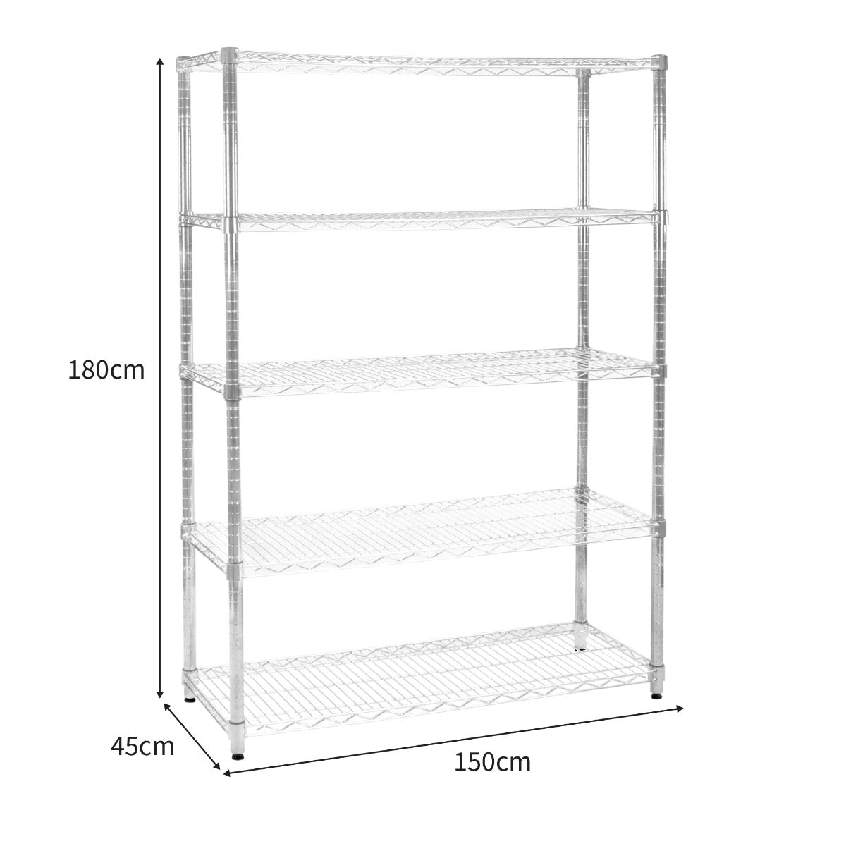 Sturdy chrome wire racking unit, measuring 45cm x 150cm x 180cm, features four open shelves for versatile storage solutions