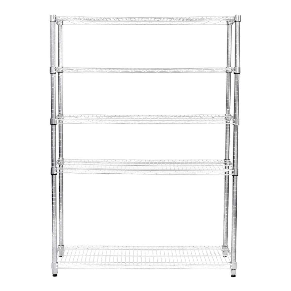 Sturdy chrome wire racking unit with five adjustable shelves, measuring 45cm x 150cm x 180cm, ideal for storage and organization