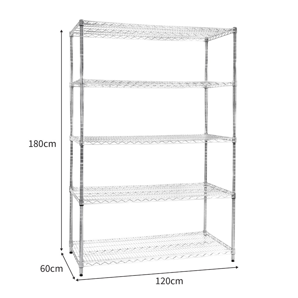 Sturdy chrome wire racking unit measuring 60cm x 120cm x 180cm, featuring four open shelves for versatile storage solutions