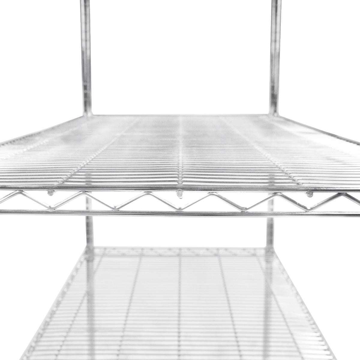 Sturdy silver wire racking with three open shelves, featuring a sleek design and durable metal construction, ideal for storage