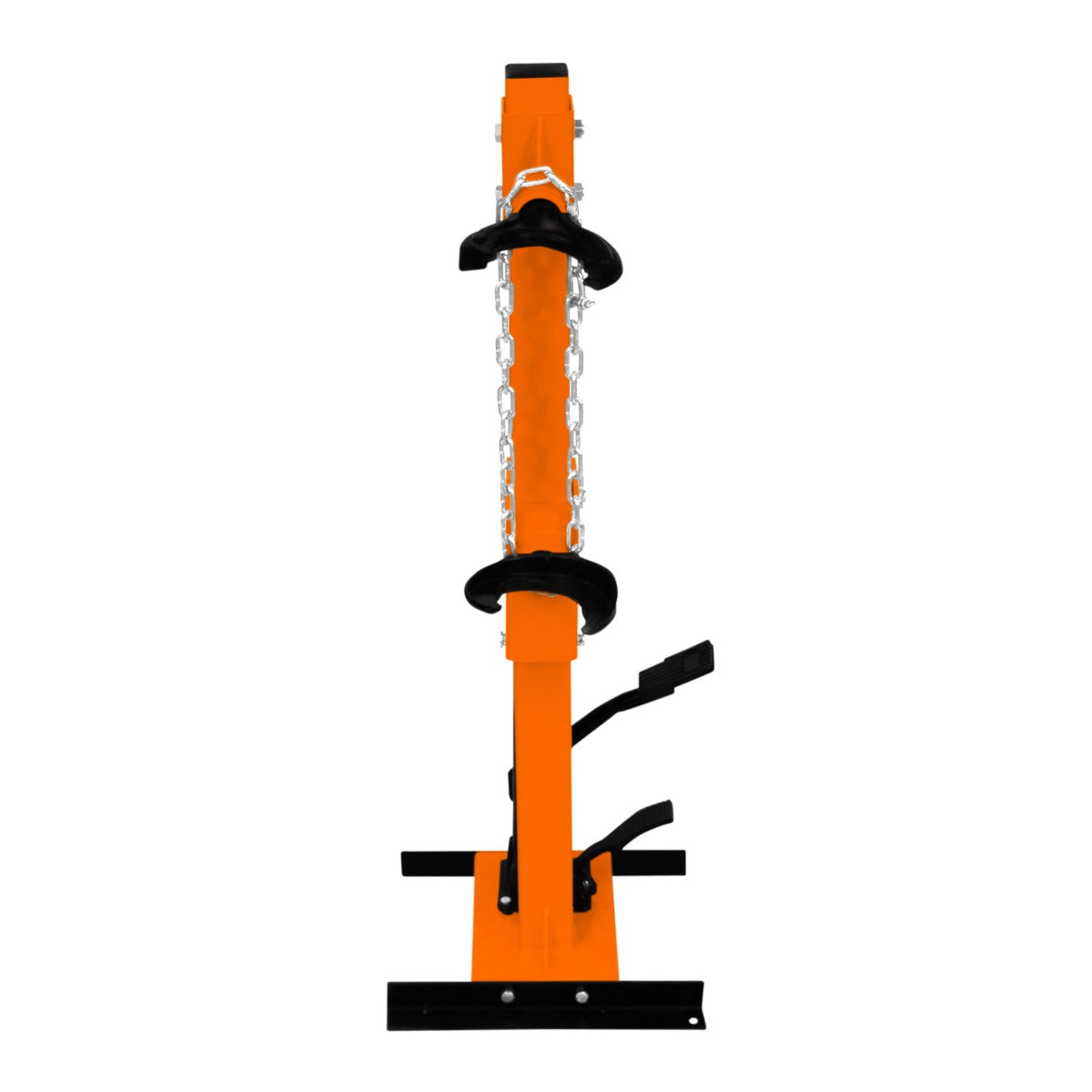 Hydraulic coil spring strut in bright orange with black accents, featuring a sturdy base, chains, and foot pedal for easy operation