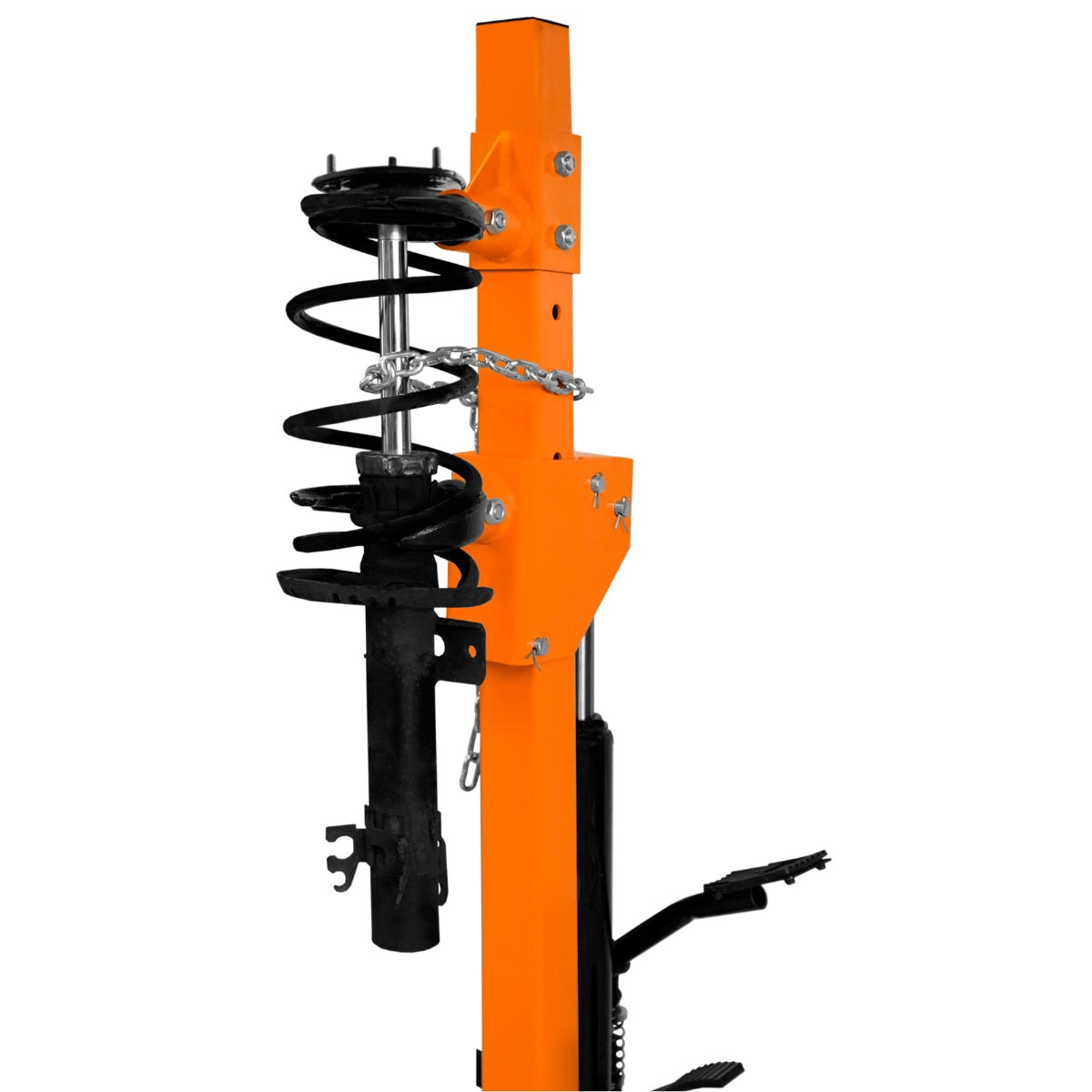 Hydraulic coil spring strut in vibrant orange and black, featuring a spiral spring and sturdy metal construction for durability