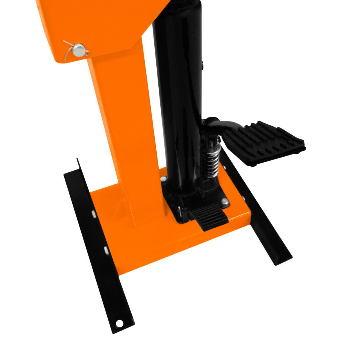 Hydraulic coil spring strut with a sturdy black cylinder, bright orange frame, and textured foot pedal for easy operation