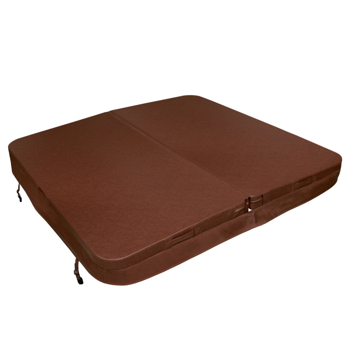 Brown 2m hot tub spa cover with a textured surface, featuring secure straps and a sleek, rectangular shape for optimal insulation