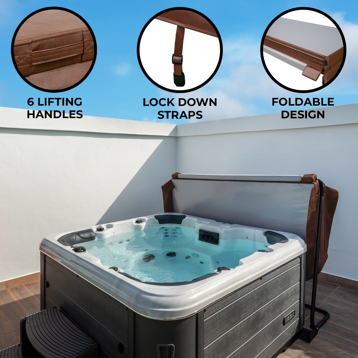 Brown 2m hot tub spa cover featuring six lifting handles, lock down straps, and a foldable design against a clear blue sky