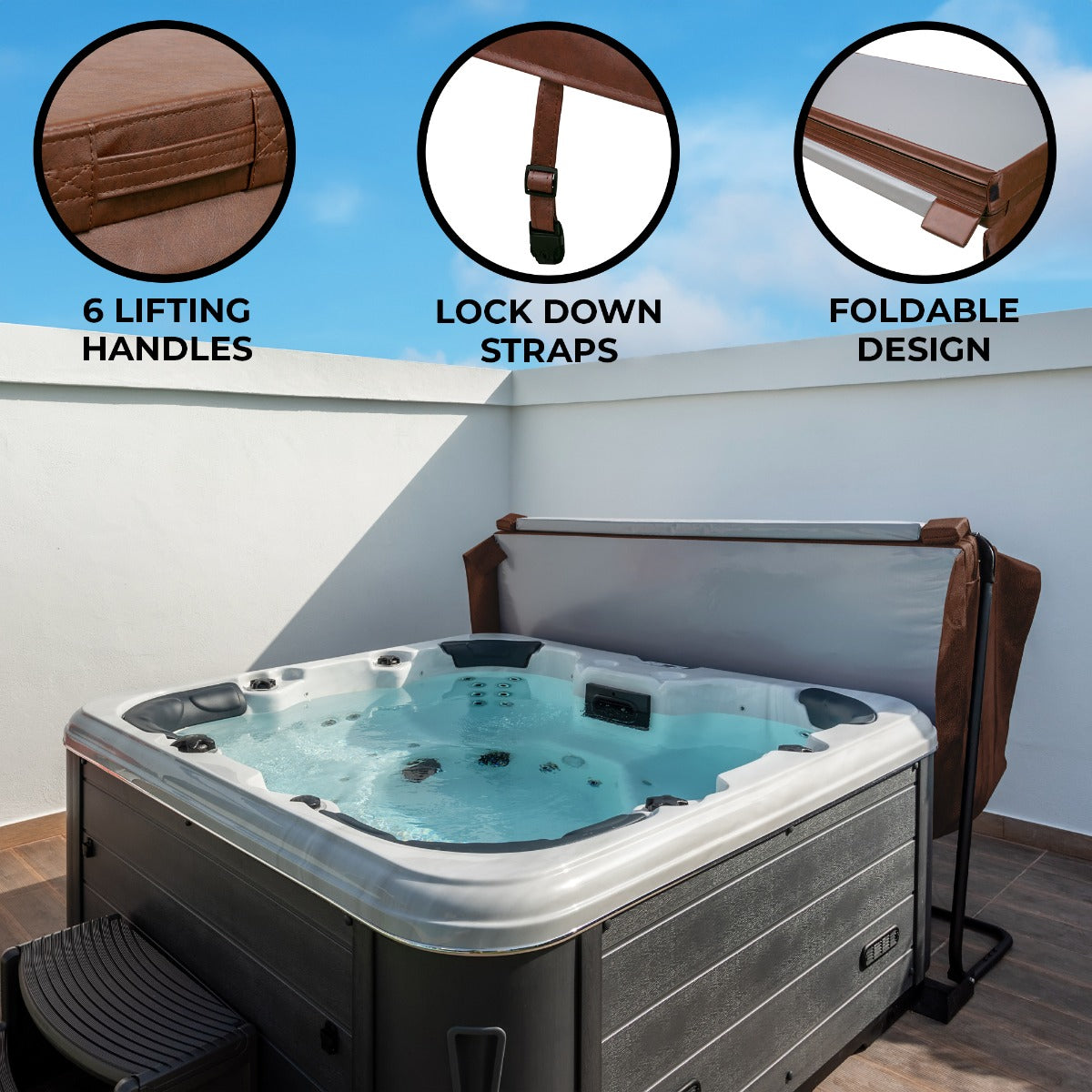 Brown 2.1m hot tub spa cover featuring six lifting handles, lock down straps, and a foldable design for easy storage