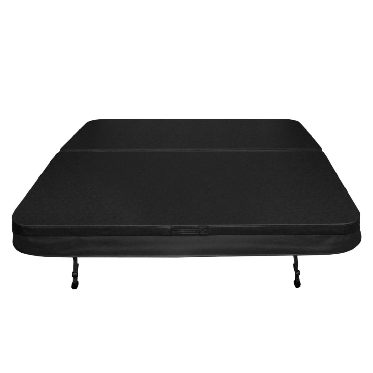 Durable black hot tub spa cover measuring 2.1m, featuring a smooth texture and secure fastening for optimal insulation and protection
