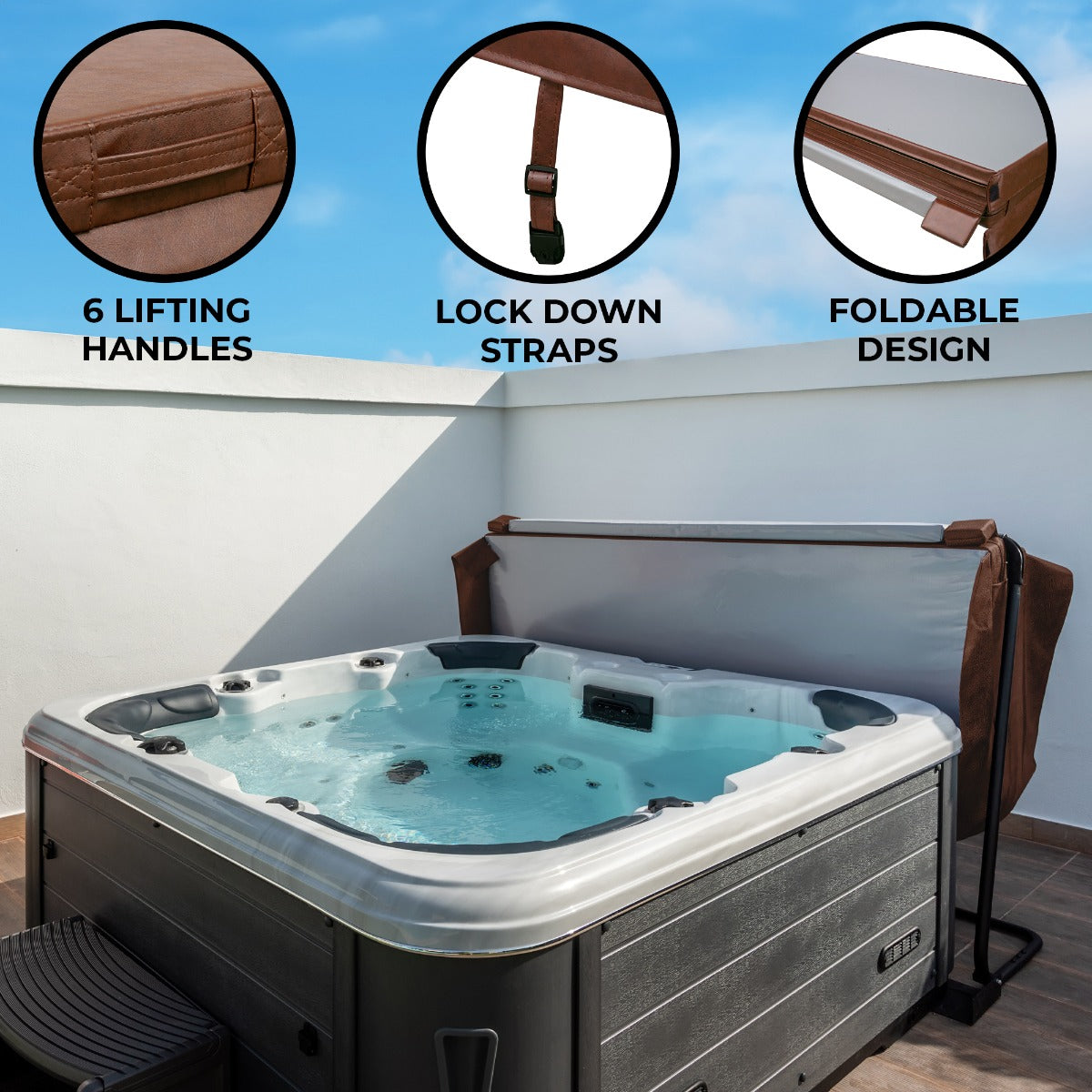 Brown 2.2m hot tub spa cover featuring six lifting handles, lock down straps, and a foldable design for easy storage and use