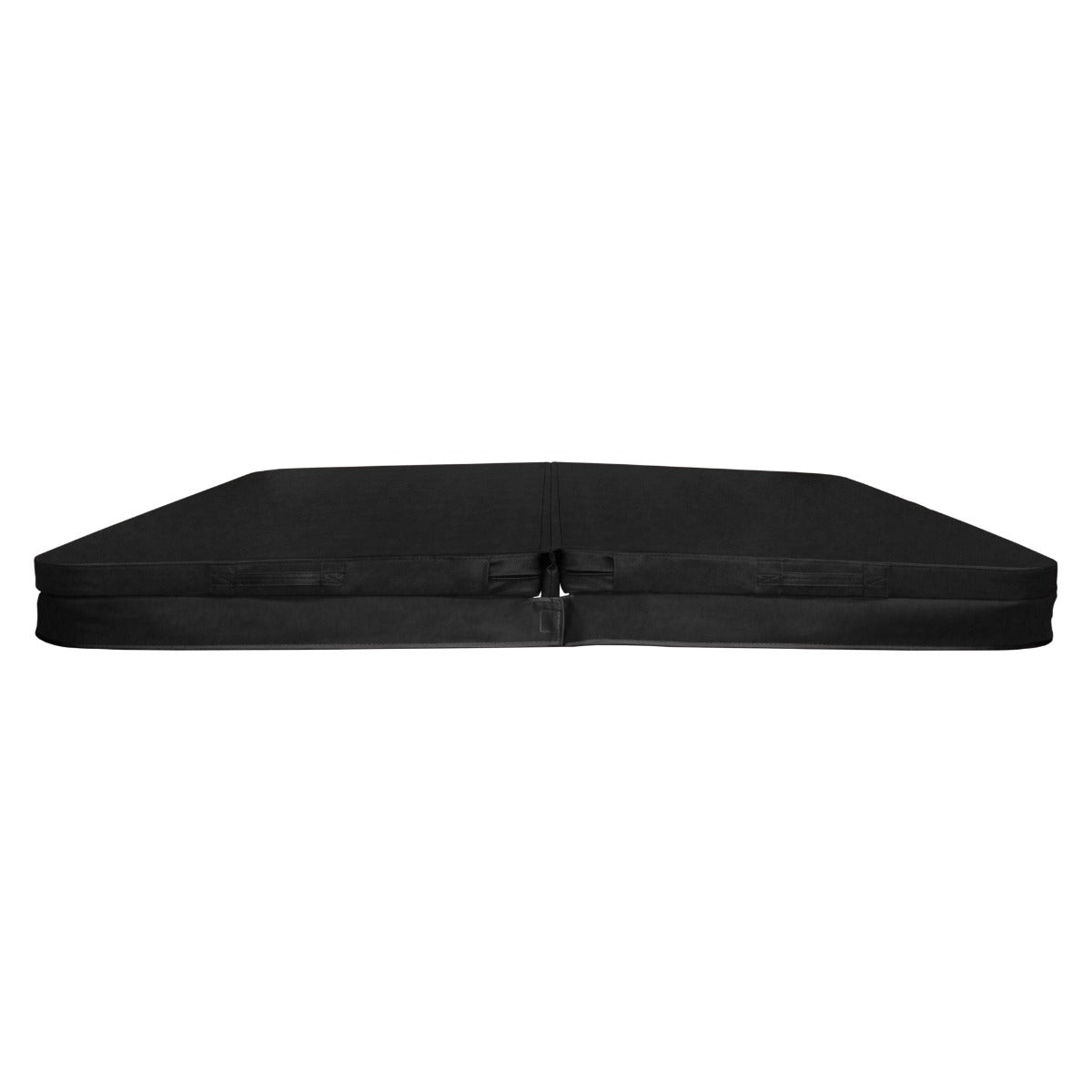 Durable black hot tub spa cover measuring 2.2m, featuring a sleek, smooth surface and secure fastening straps for protection