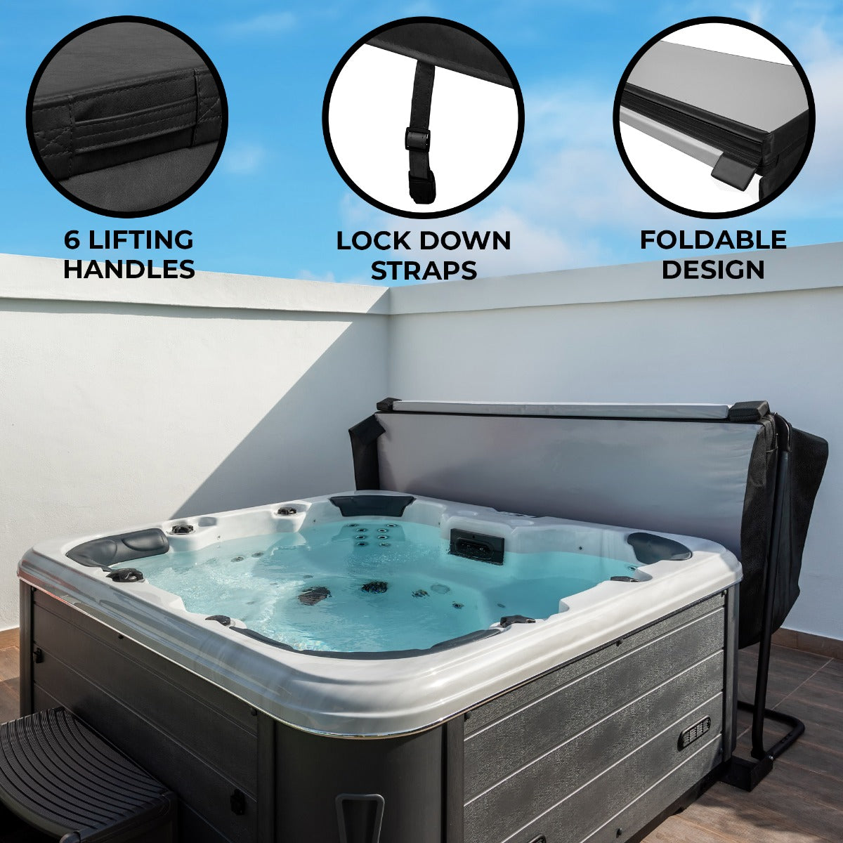 Black 2.2m hot tub spa cover featuring six lifting handles, lock-down straps, and a foldable design for easy storage and access