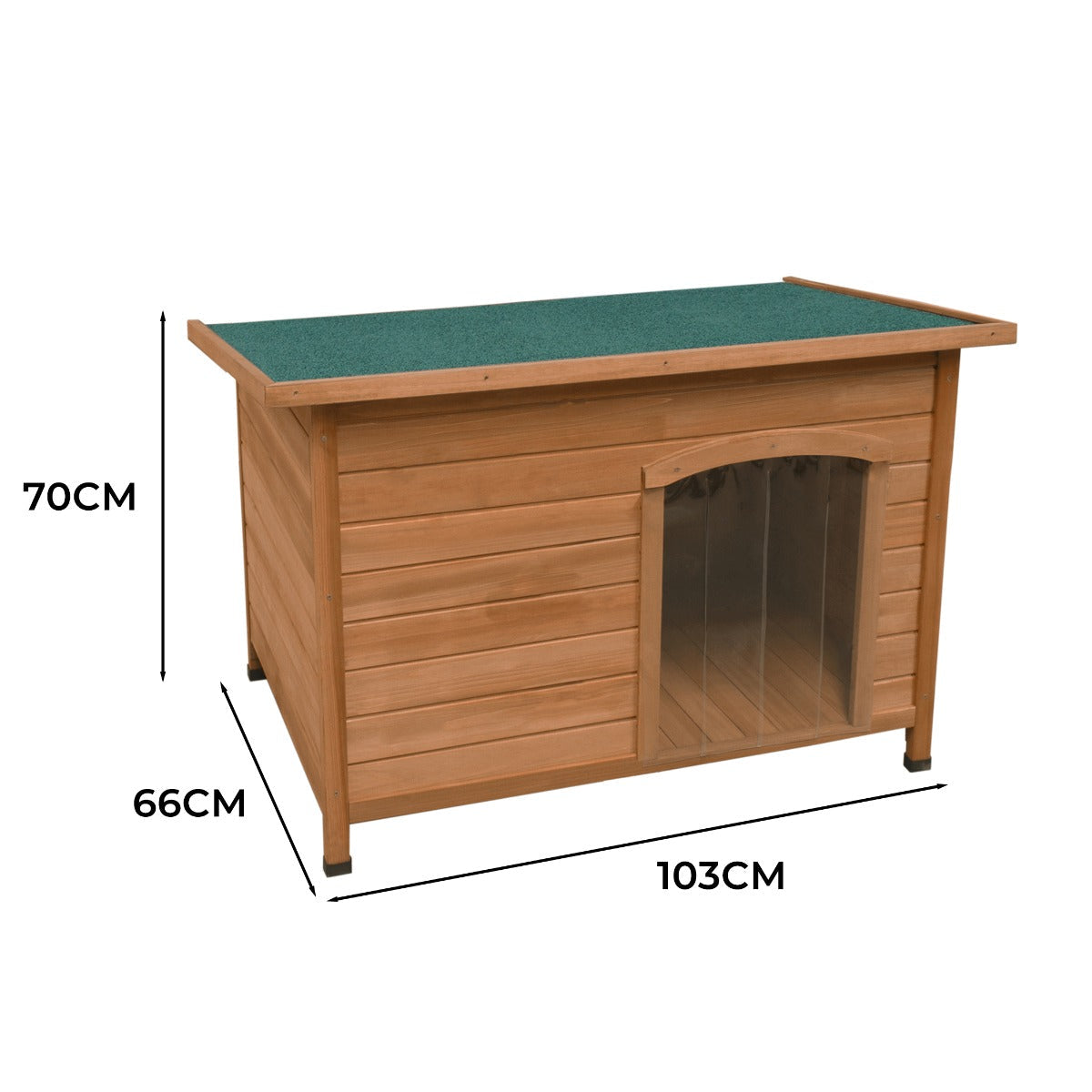 Medium dog kennel made of natural wood with a green felt roof, featuring a clear front door and slatted sides for ventilation