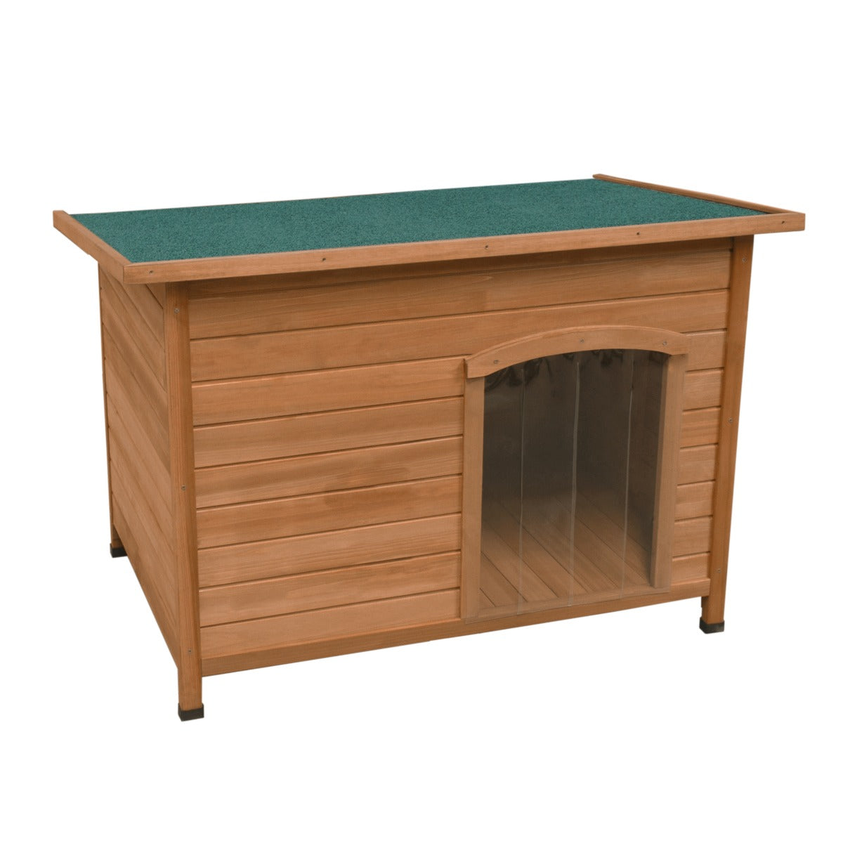 Large wooden dog kennel with a green felt roof, clear plastic door, and a sturdy, weather-resistant design for outdoor use