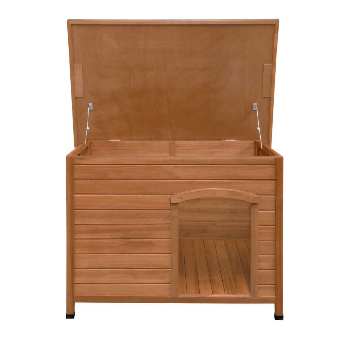 Large wooden dog kennel with a slatted exterior, a hinged roof for easy access, and a spacious entryway for comfort