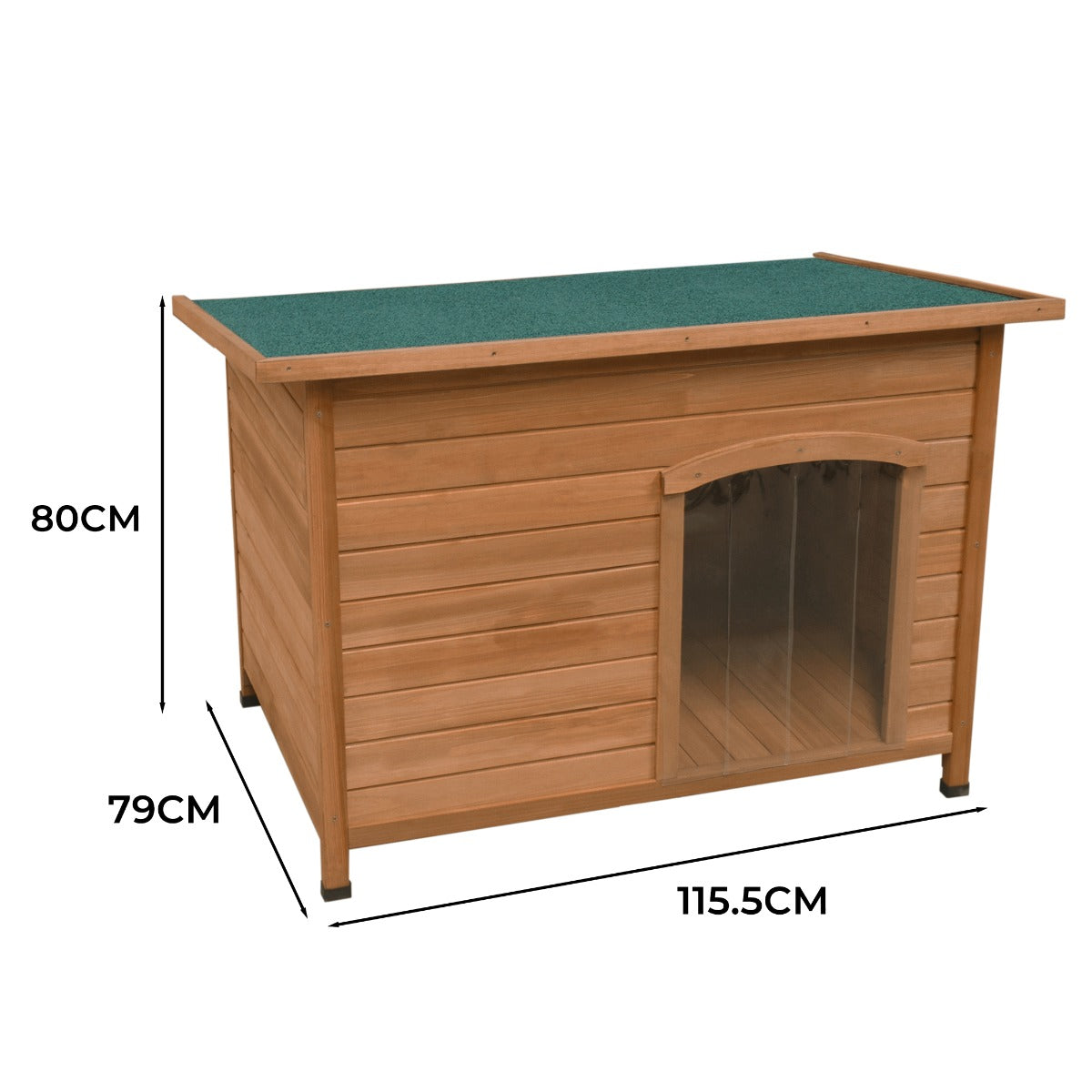 Large wooden dog kennel with a green felt roof, slatted walls, and a clear plastic door, measuring 115.5cm wide and 80cm high