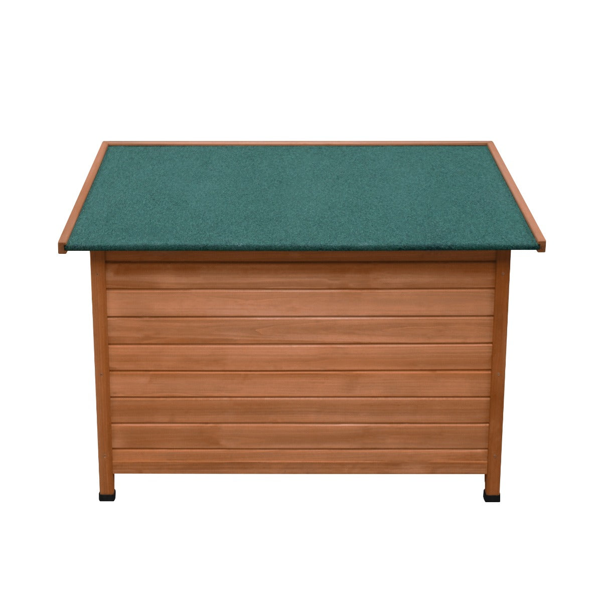Large wooden dog kennel with a slatted design, featuring a green felt roof for weather protection and a spacious interior