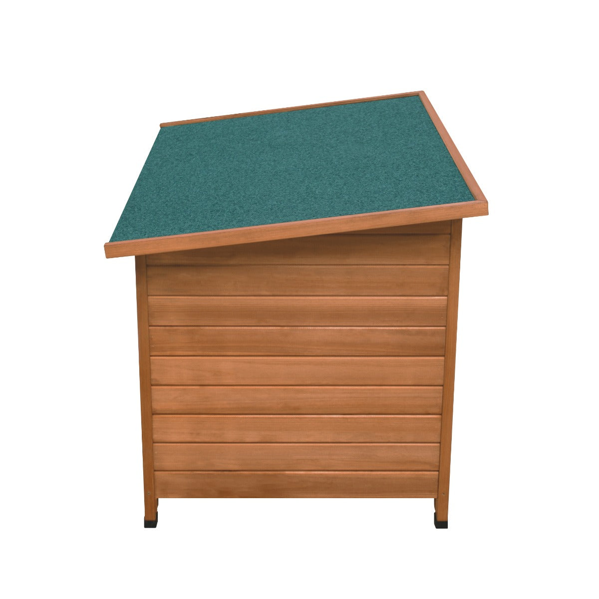 Large dog kennel featuring a sloped green roof, wooden slat walls, and a sturdy construction for outdoor use