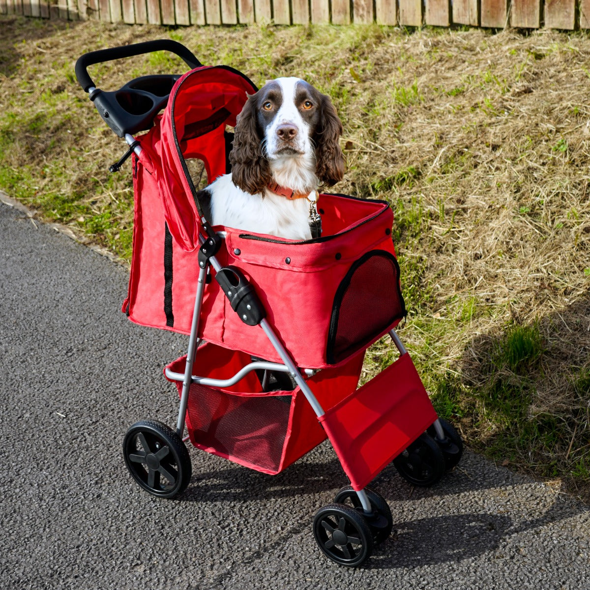 Pet Stroller with Rain Cover – Red