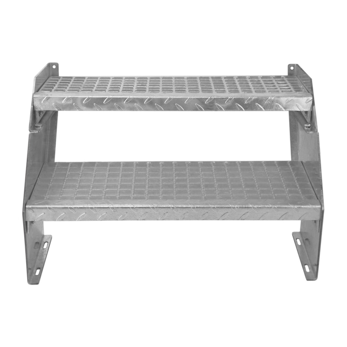 Galvanised adjustable two-section staircase with a 600mm width, featuring a textured diamond plate surface for enhanced grip and stability