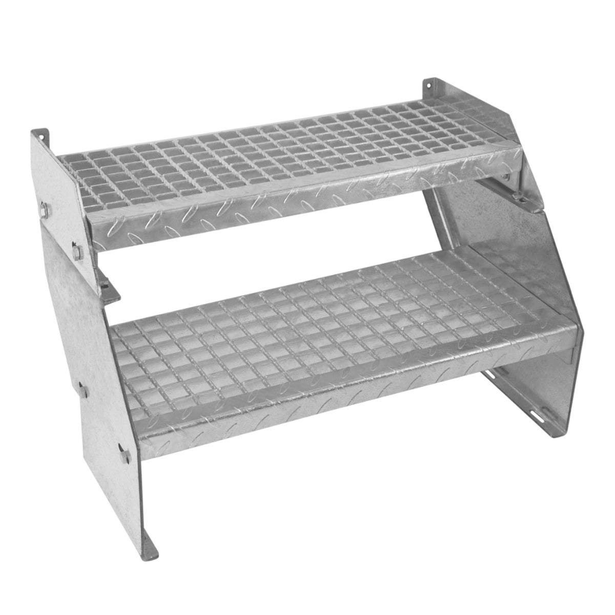 Galvanised adjustable two-section staircase with a 600mm width, featuring a diamond-patterned surface for enhanced grip and stability