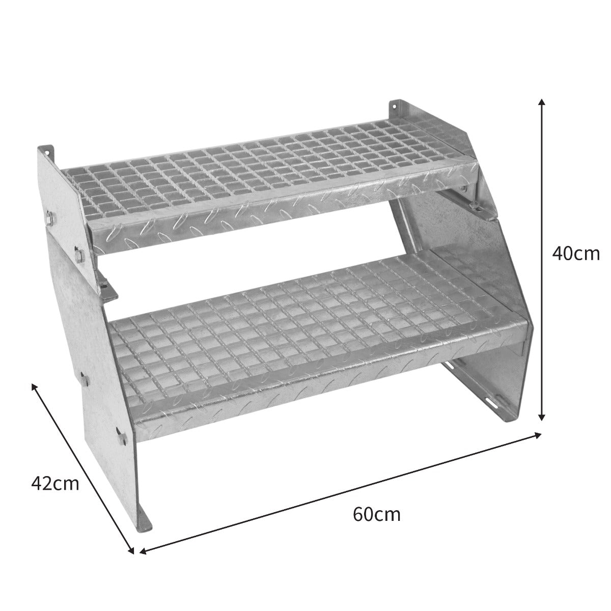 Adjustable galvanised staircase with two sections, featuring a diamond-patterned surface, measuring 600mm wide and 400mm tall