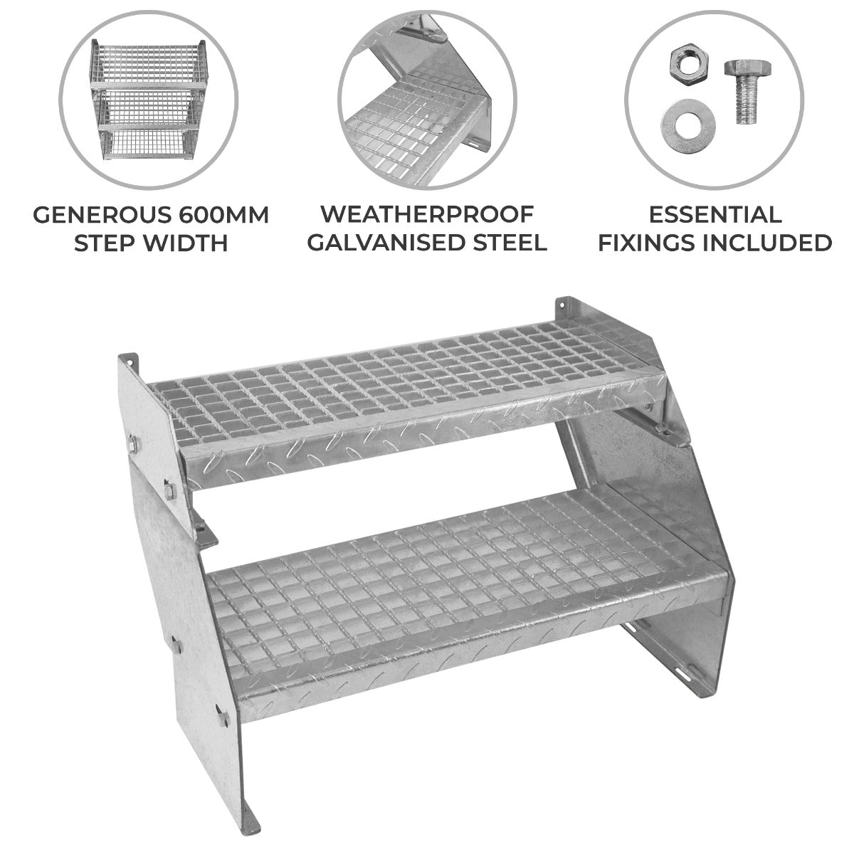 Adjustable two-section staircase made of weatherproof galvanised steel, featuring a 600mm wide diamond-patterned step design
