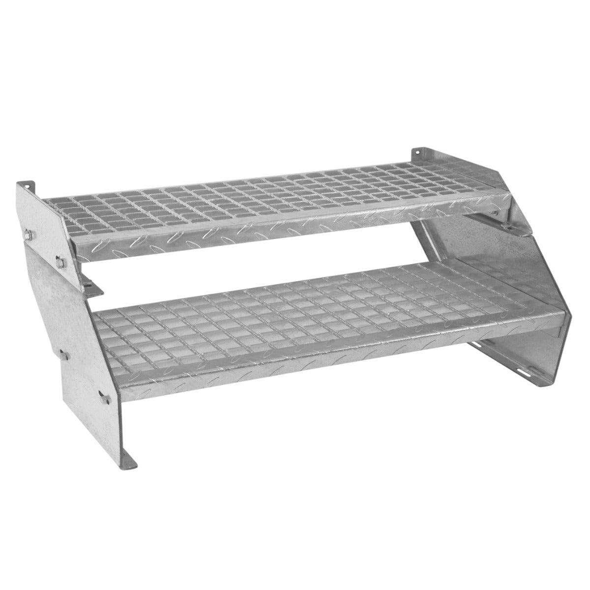 Galvanised adjustable two-section staircase with a diamond-patterned surface, measuring 900mm wide, ideal for safe access and stability