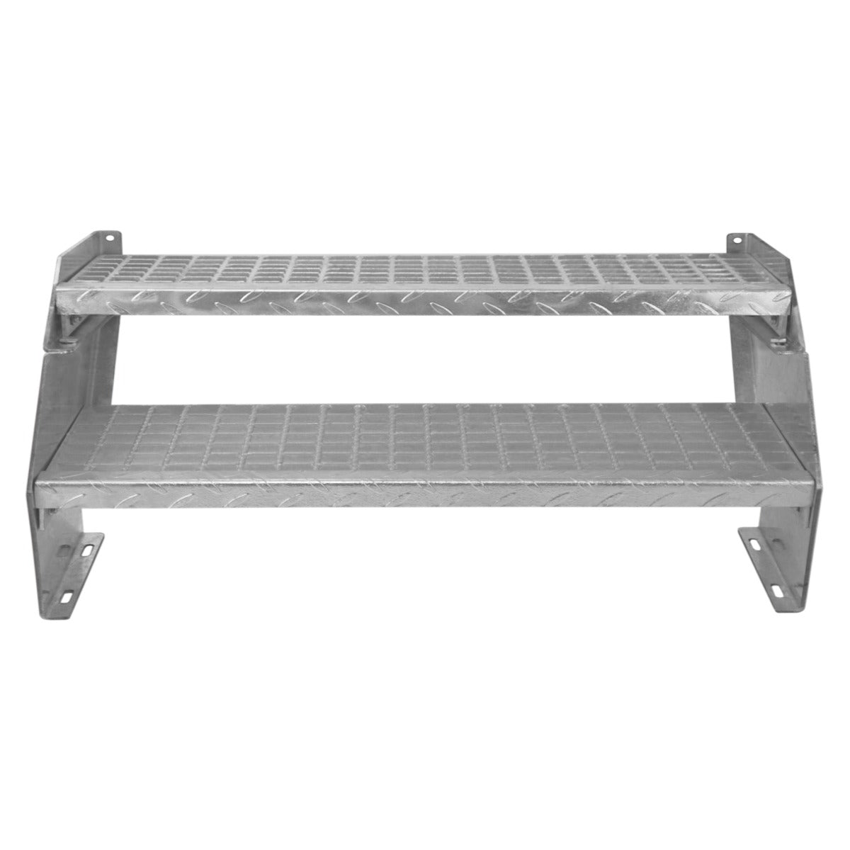Galvanised adjustable staircase with two sections, featuring a diamond-patterned non-slip surface and sturdy metal construction, 900mm wide