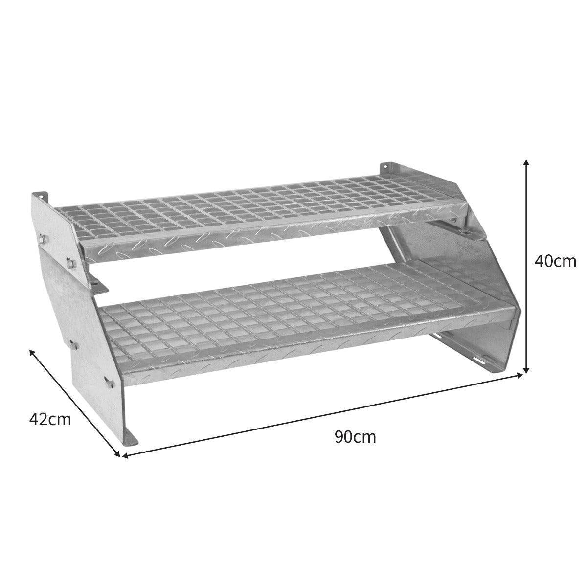 Galvanised two-section staircase with a 900mm width, featuring a textured surface and sturdy metal construction for durability