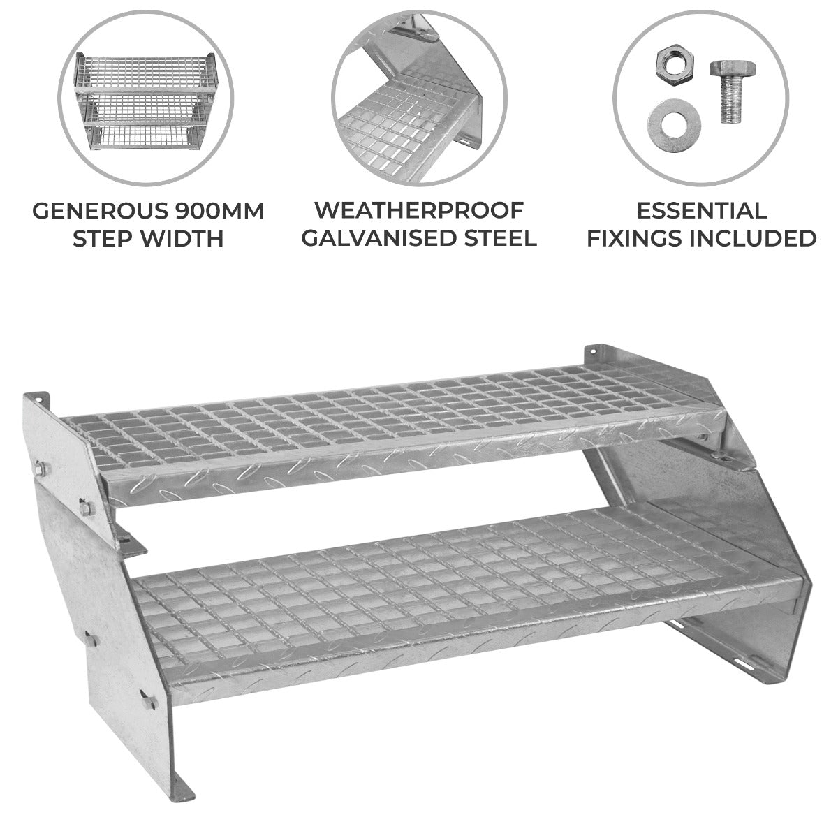 Adjustable two-section staircase made of weatherproof galvanised steel, featuring a 900mm wide diamond-patterned step surface and essential fixings included