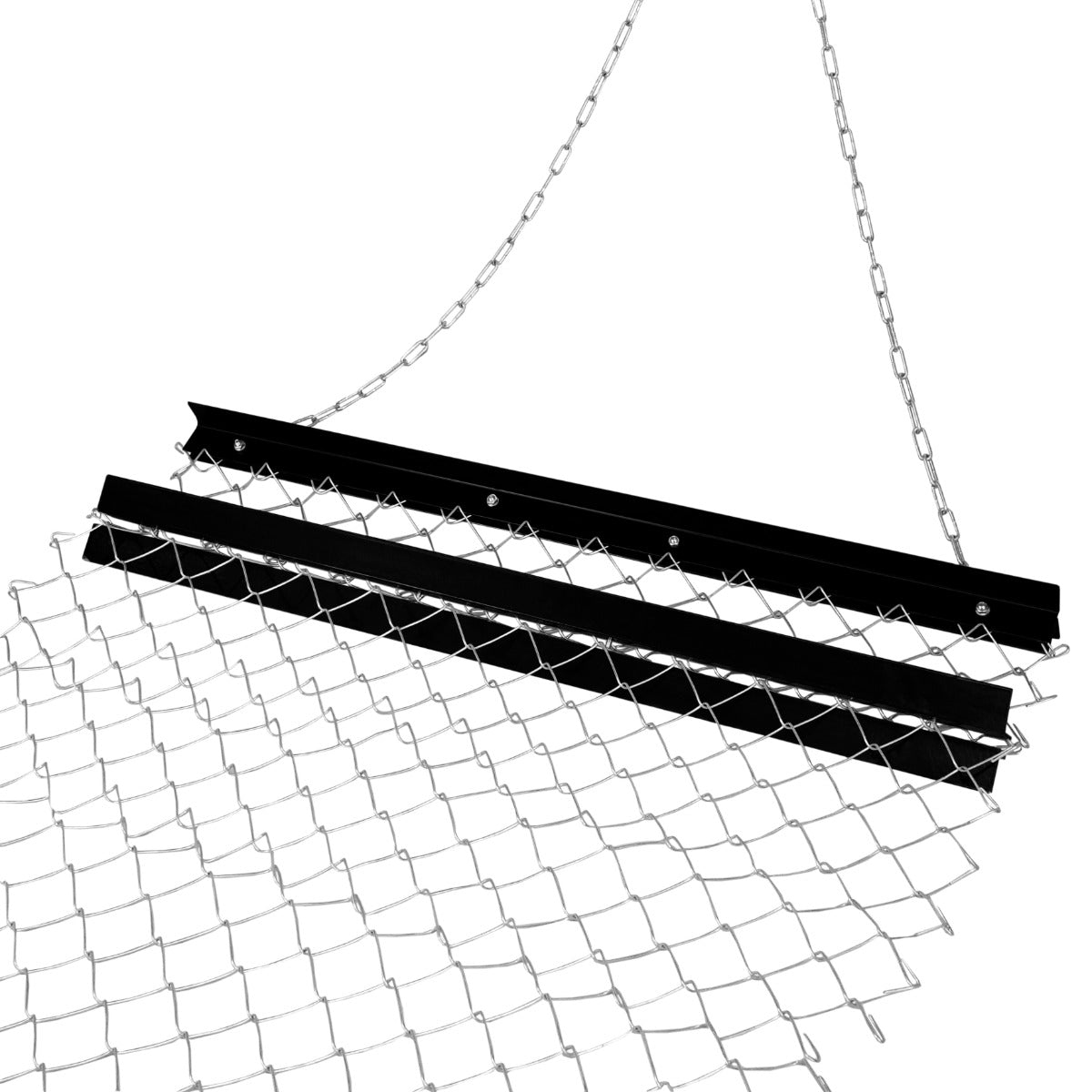 Durable chain drag harrow with a 1.5m x 1.2m metal frame, featuring a sturdy mesh design for effective soil leveling and aeration