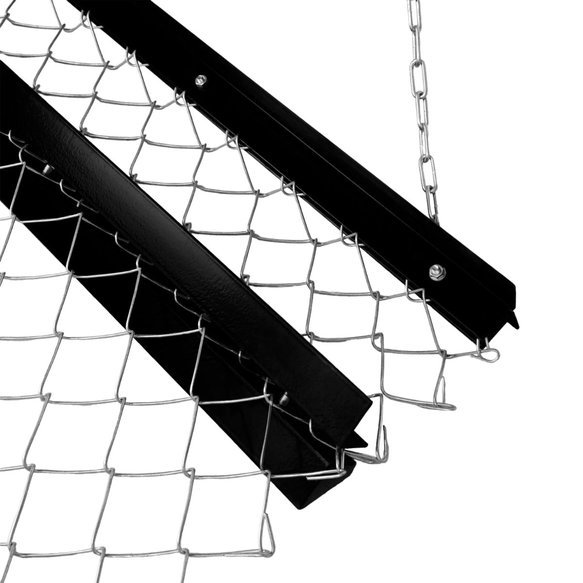 Durable black chain drag harrow with metal frame and mesh grid, designed for effective soil leveling and landscaping tasks