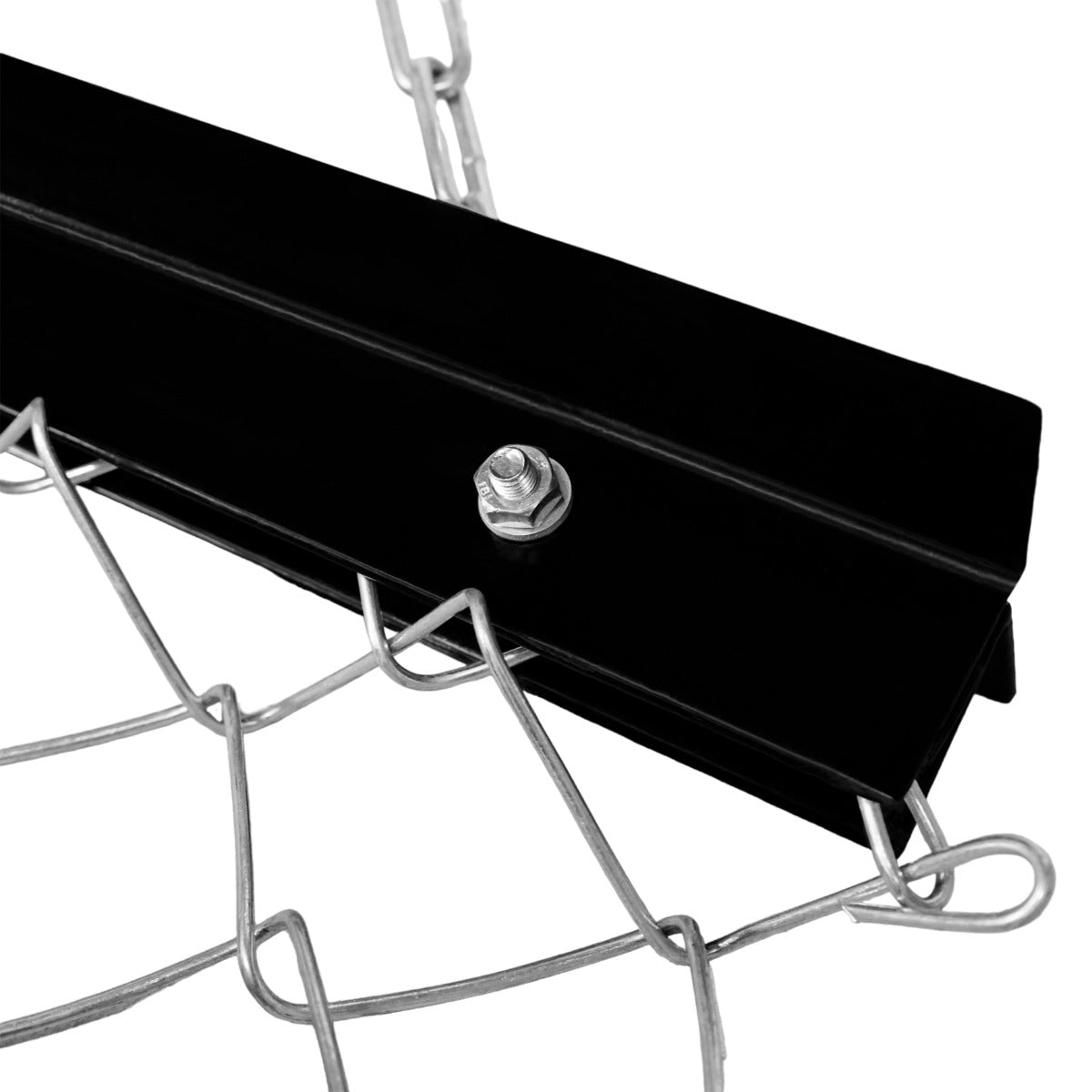 Black metal frame with a sturdy chain mesh, showcasing a bolt connection, designed for efficient soil leveling and drag harrowing