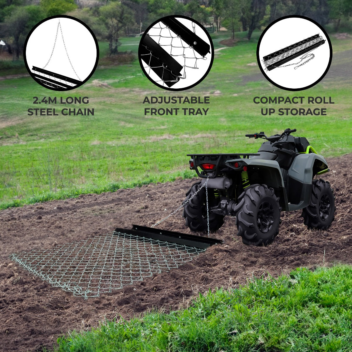 Durable chain drag harrow with a 1.5m x 1.2m black frame, featuring a 2.4m steel chain and adjustable front tray for efficient soil leveling