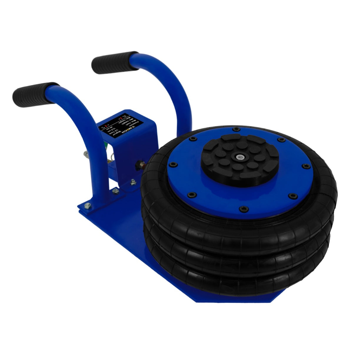 Blue air bag jack with a sturdy black rubber base, featuring a textured grip handle for easy lifting and maneuverability