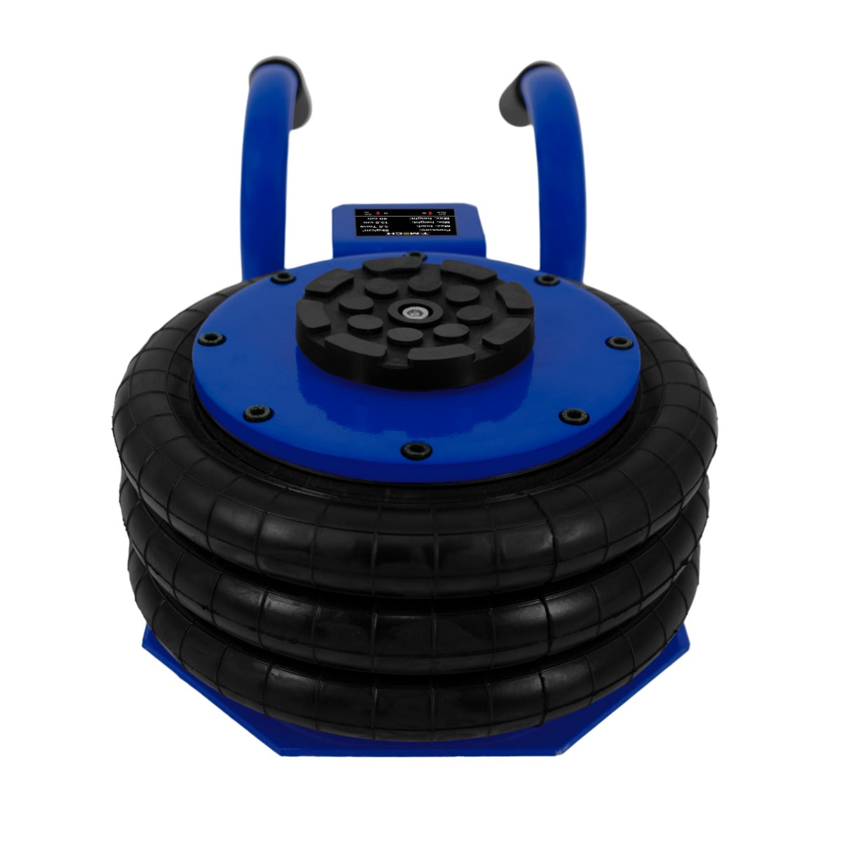 Blue air bag jack with a textured black rubber surface, featuring a sturdy carrying handle and a hexagonal base for stability