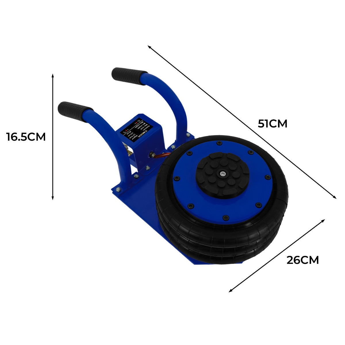 Blue air bag jack with a textured black rubber wheel, sturdy carrying handle, and dimensions of 51cm by 26cm by 16.5cm