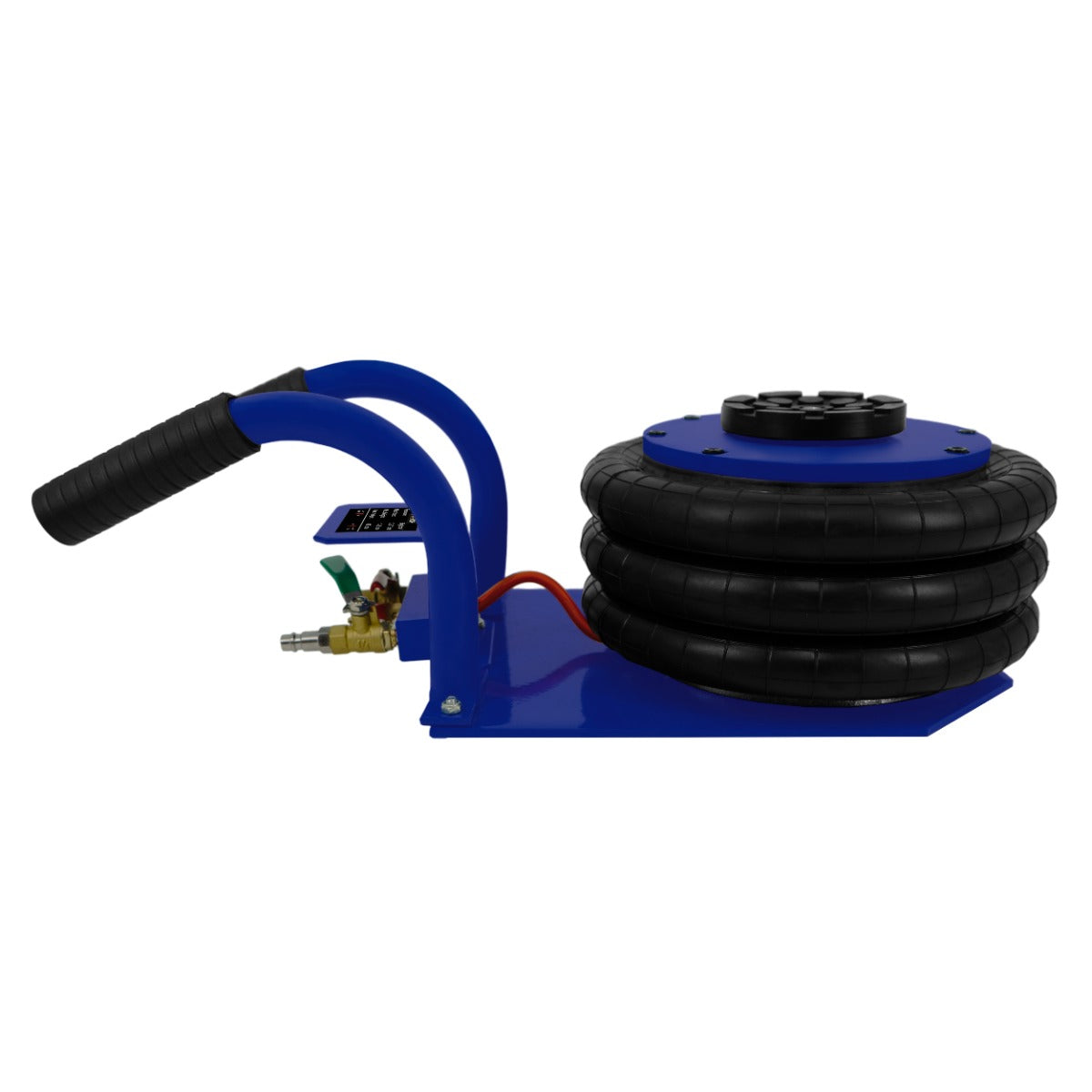 Blue air bag jack with a sturdy carrying handle, featuring a textured grip and multiple black rubber air bags stacked on a metal base