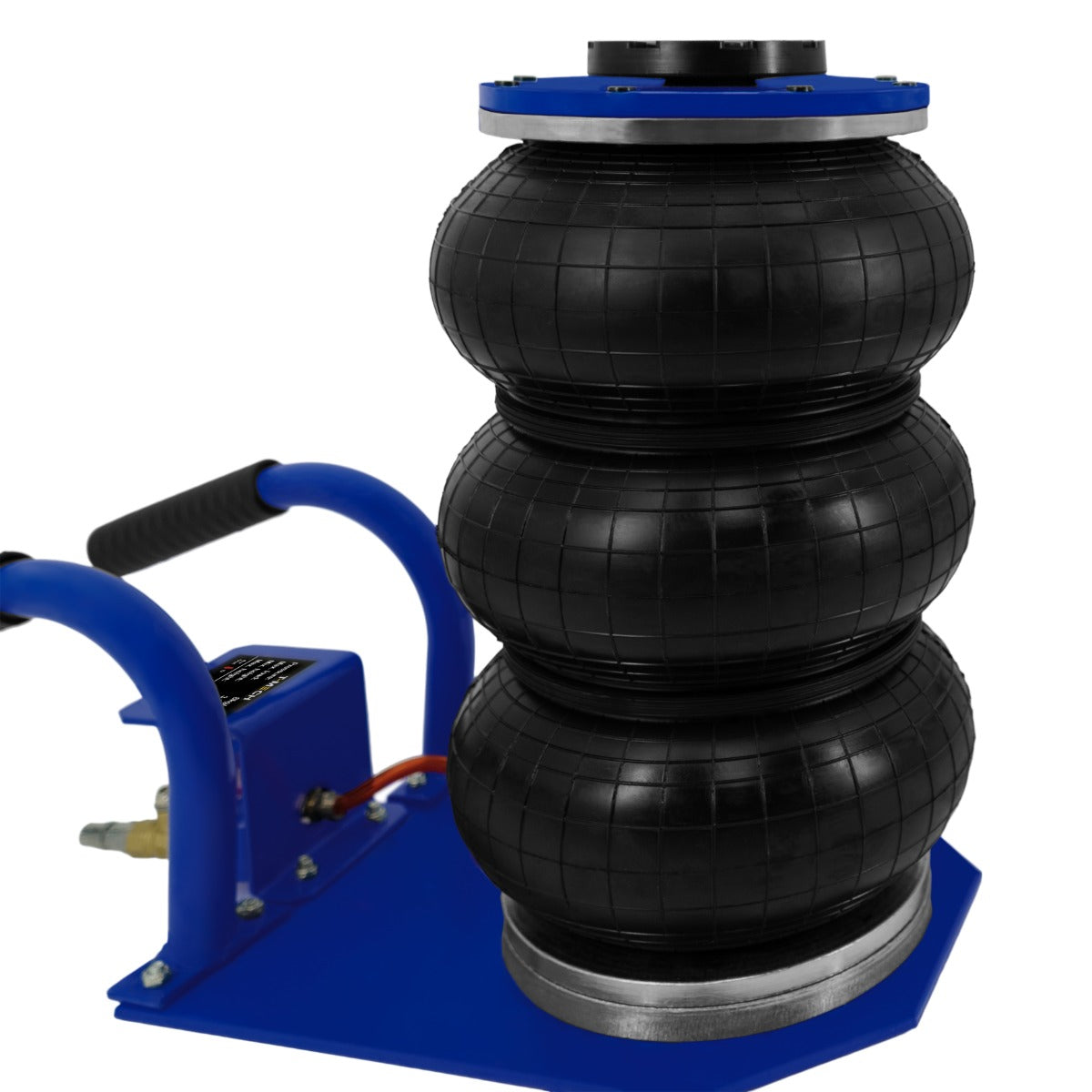 Three stacked black rubber air bags on a blue metal base, featuring a carrying handle and connected air hose for easy transport and use