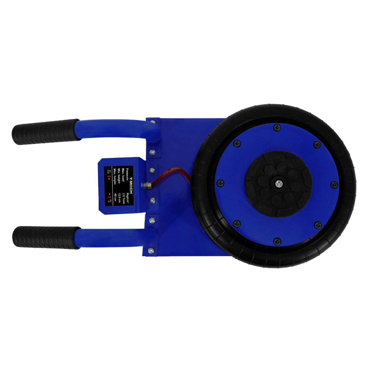 Blue air bag jack with a sturdy black rubber wheel and textured carrying handle, designed for lifting heavy loads safely and efficiently