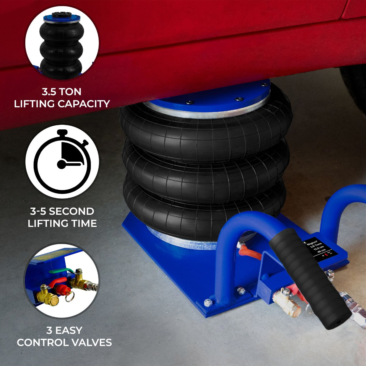 Air bag jack with three black rubber air bags, blue base, and a textured carrying handle, designed for quick lifting up to 3.5 tons