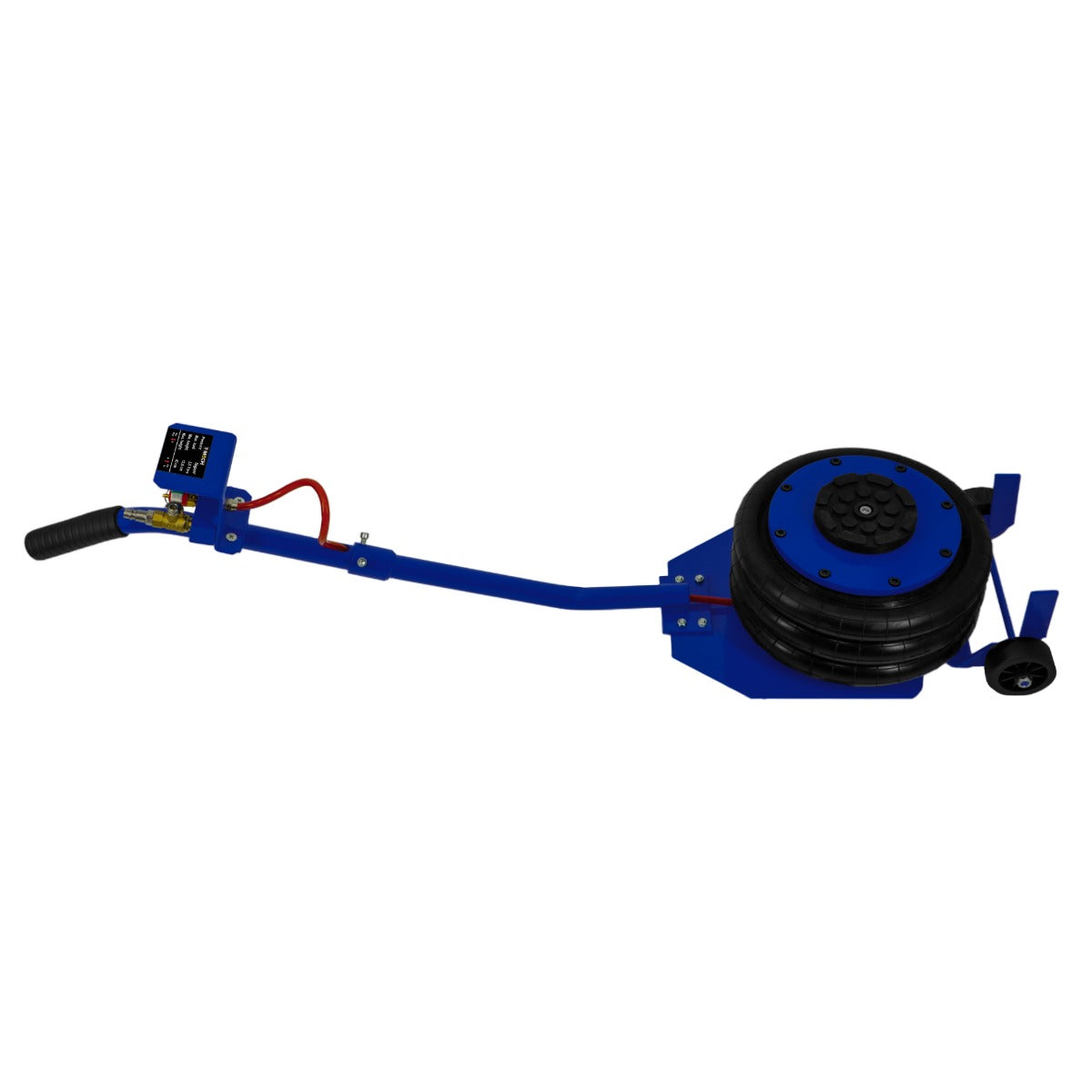 Blue air bag jack with a long lever handle, featuring a round black lifting bag and a sturdy base for enhanced stability and support