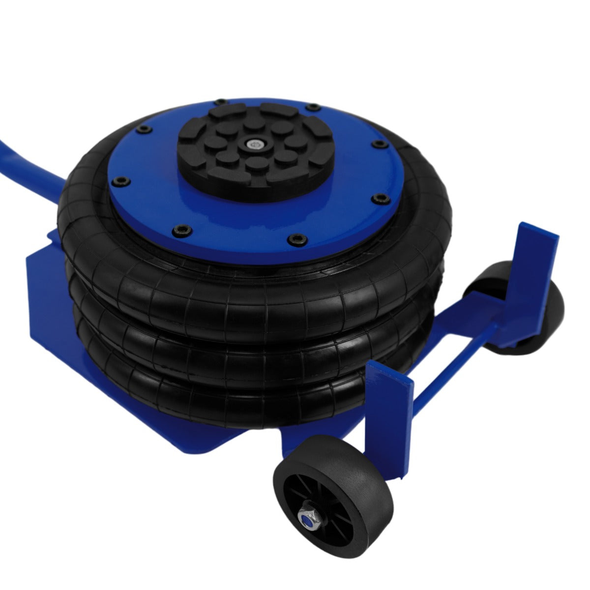 Blue air bag jack with a long lever handle, featuring a textured rubber surface and sturdy wheels for easy maneuverability