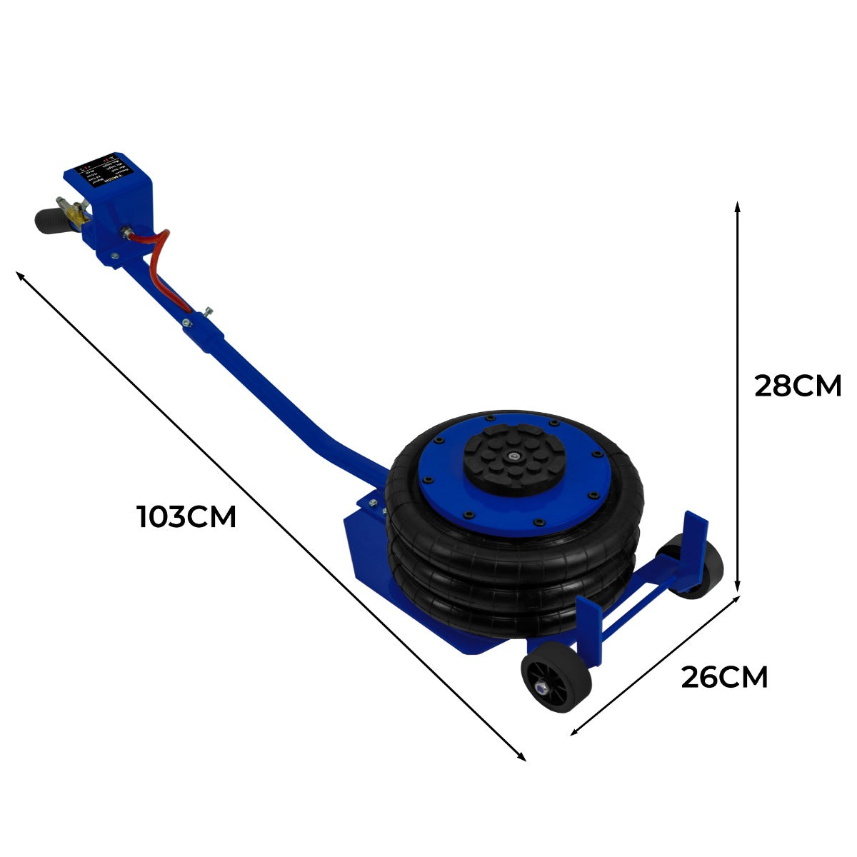 Blue air bag jack with a long lever handle, featuring a round, textured lifting pad and sturdy wheels for easy maneuverability