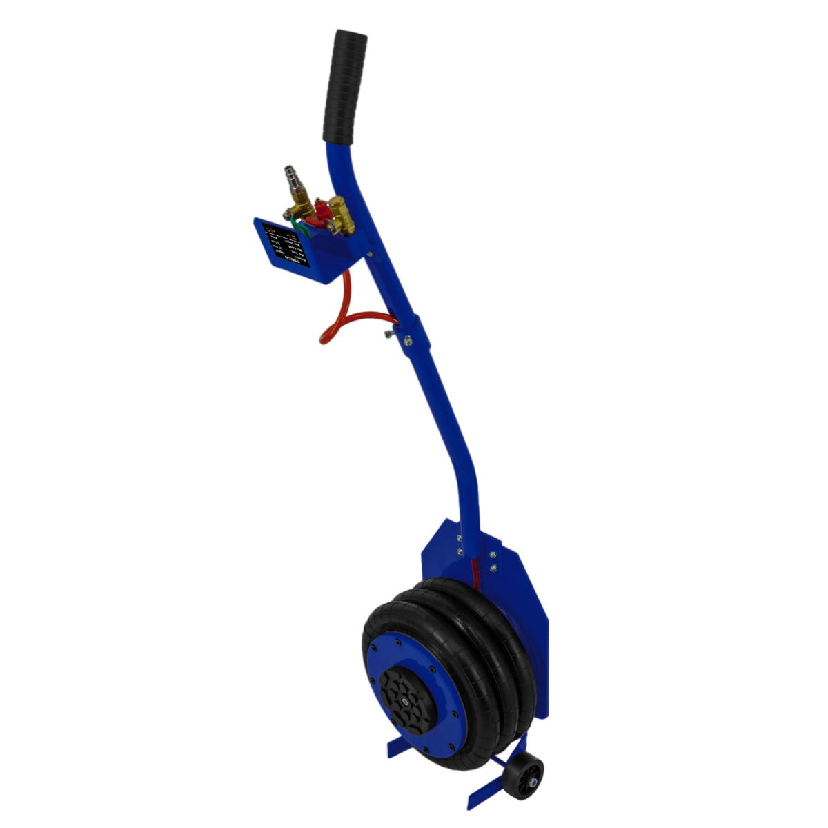 Blue air bag jack with a long lever handle, featuring a black rubber bag and control valves for lifting vehicles up to 3.5 tons