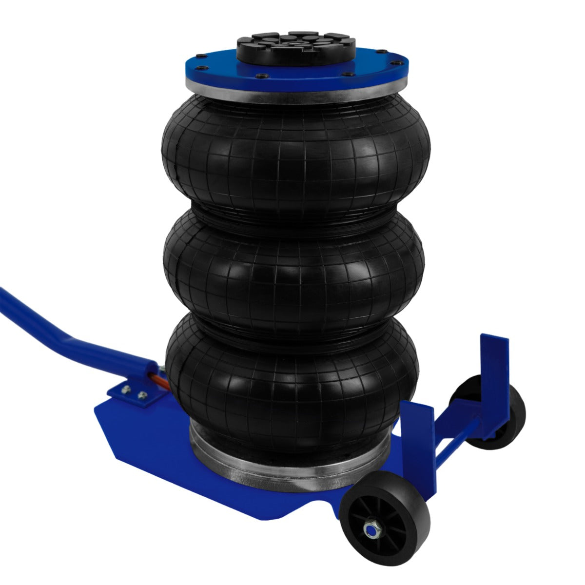 Heavy-duty air bag jack with three black rubber bags, long blue lever handle, and sturdy base with wheels for easy maneuverability