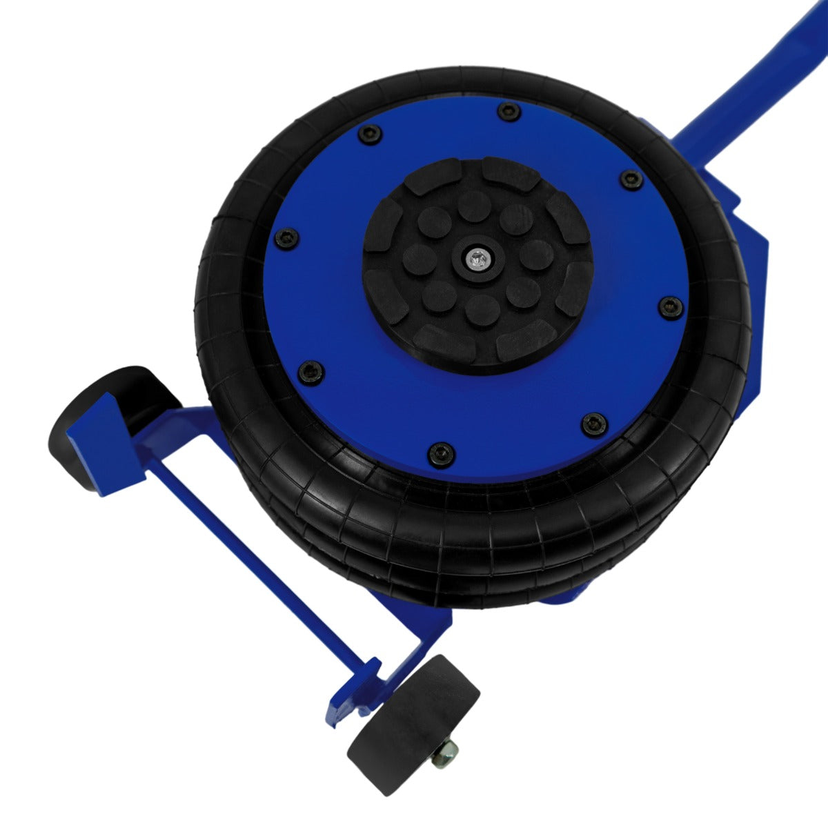 Heavy-duty air bag jack with a long blue lever handle, featuring a textured black rubber wheel for stability and grip