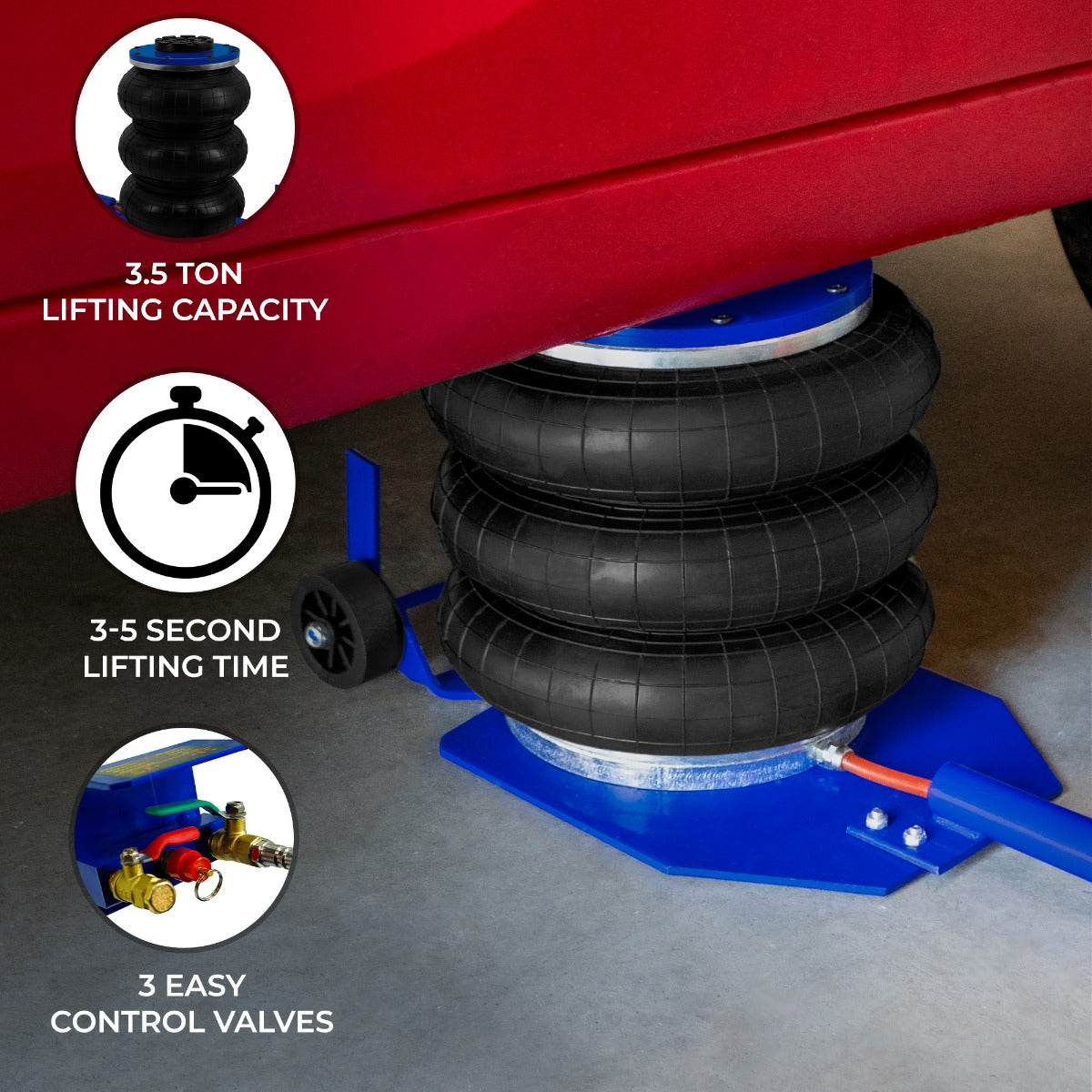 Air bag jack with three stacked black rubber bags, blue base, and easy control valves, designed for 3.5-ton lifting capacity