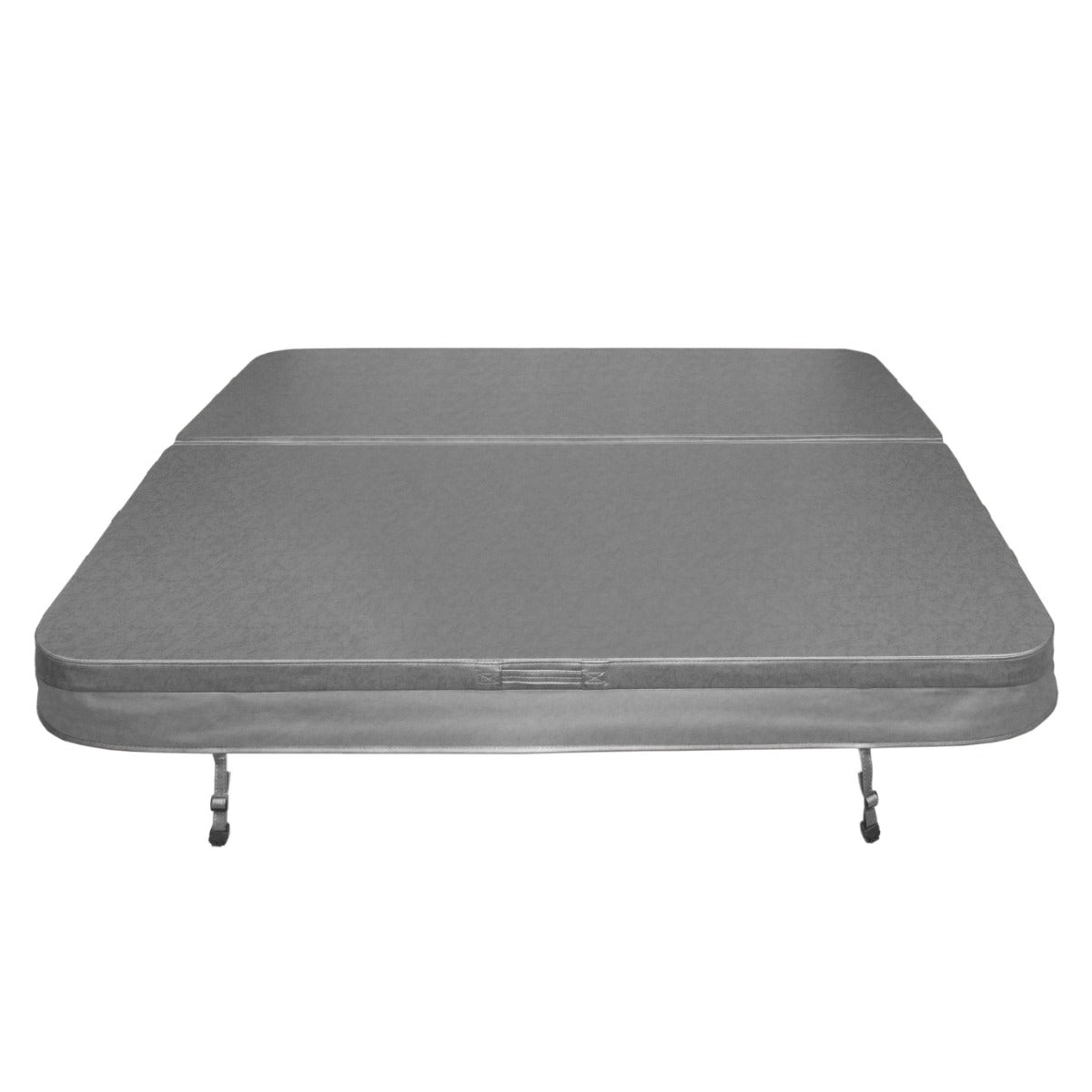 Grey 2.1m hot tub spa cover with a smooth texture, featuring a foldable design and sturdy support straps for easy handling