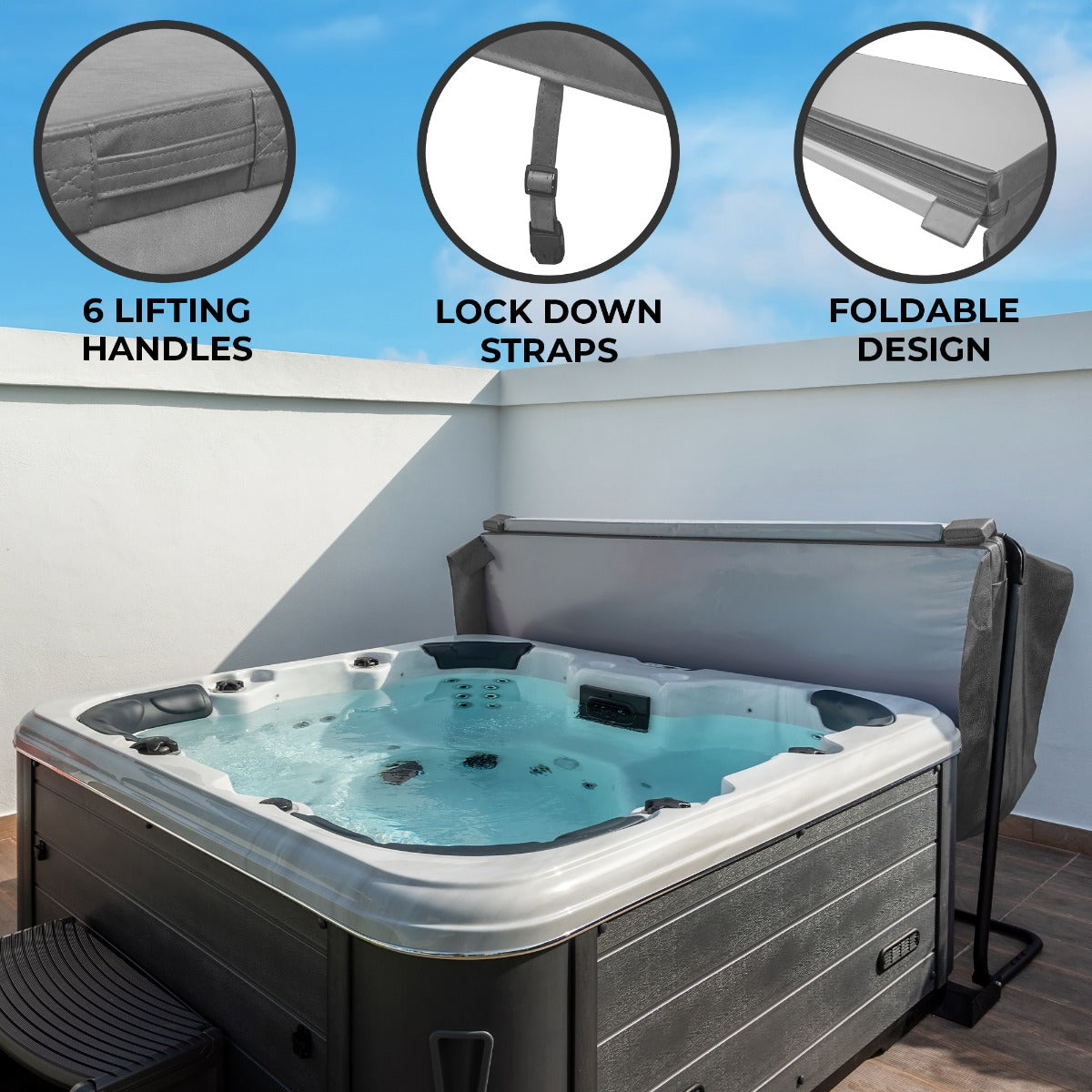 Grey 2.2m hot tub spa cover featuring six lifting handles, lock down straps, and a foldable design for easy storage and use